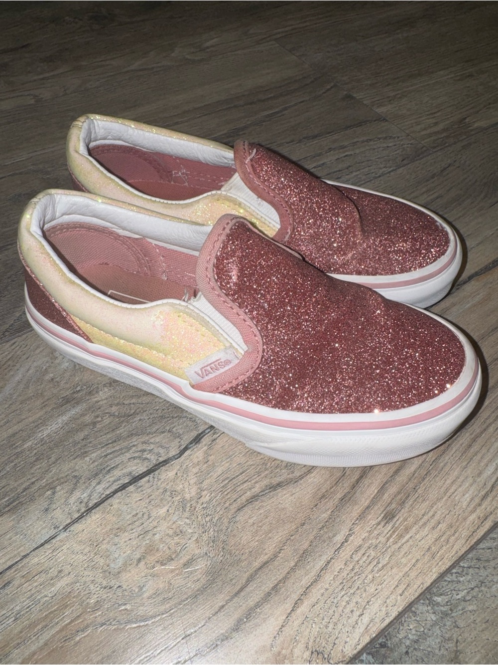 Vans Kids Glitter Slip-On Sneakers - Rose Pink and Pale Yellow Sz 12 Kids